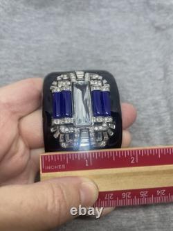 Vintage Signed Kenneth Jay Lane Black Enamel Art Deco Crystal WIDE Cuff Bracelet
