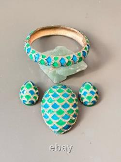 Vintage Signed MARVELLA Blue & Green Enamel Bracelet, Brooch & Earring Set
