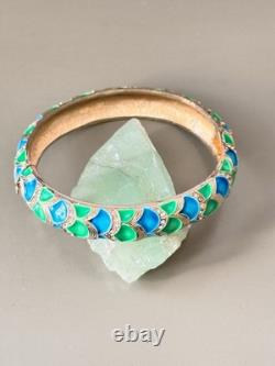Vintage Signed MARVELLA Blue & Green Enamel Bracelet, Brooch & Earring Set