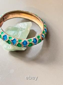 Vintage Signed MARVELLA Blue & Green Enamel Bracelet, Brooch & Earring Set