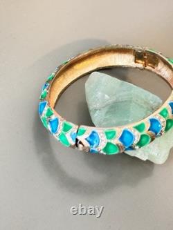 Vintage Signed MARVELLA Blue & Green Enamel Bracelet, Brooch & Earring Set