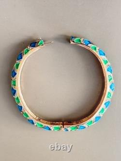 Vintage Signed MARVELLA Blue & Green Enamel Bracelet, Brooch & Earring Set
