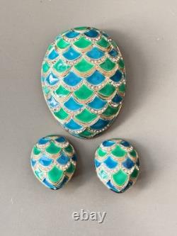 Vintage Signed MARVELLA Blue & Green Enamel Bracelet, Brooch & Earring Set