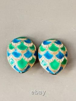 Vintage Signed MARVELLA Blue & Green Enamel Bracelet, Brooch & Earring Set