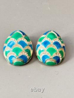 Vintage Signed MARVELLA Blue & Green Enamel Bracelet, Brooch & Earring Set
