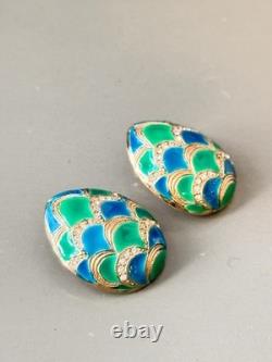 Vintage Signed MARVELLA Blue & Green Enamel Bracelet, Brooch & Earring Set