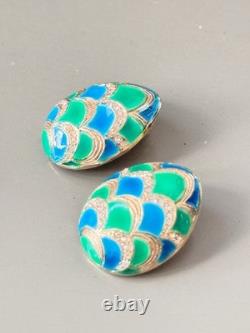 Vintage Signed MARVELLA Blue & Green Enamel Bracelet, Brooch & Earring Set
