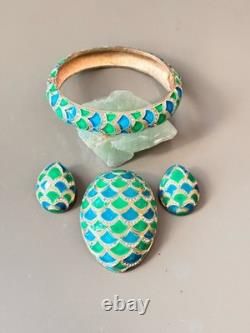 Vintage Signed MARVELLA Blue & Green Enamel Bracelet, Brooch & Earring Set