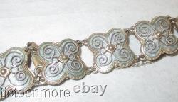 Vintage Signed Norway Norse Rose Ice Blue Enamel Panel Bracelet 925s Sterling