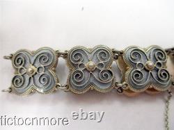 Vintage Signed Norway Norse Rose Ice Blue Enamel Panel Bracelet 925s Sterling