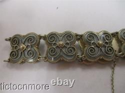 Vintage Signed Norway Norse Rose Ice Blue Enamel Panel Bracelet 925s Sterling