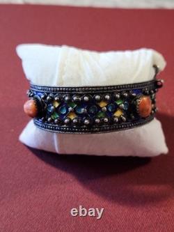 Vintage Silver, Enamel & Coral Hinged Bracelet WithO The Chain