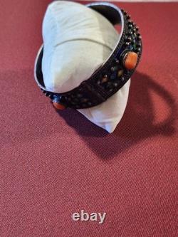 Vintage Silver, Enamel & Coral Hinged Bracelet WithO The Chain