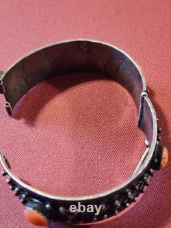 Vintage Silver, Enamel & Coral Hinged Bracelet WithO The Chain