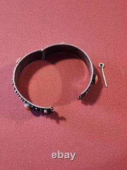 Vintage Silver, Enamel & Coral Hinged Bracelet WithO The Chain