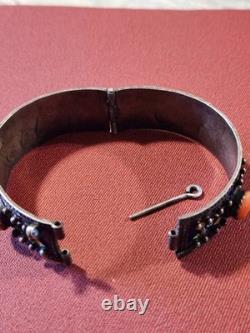 Vintage Silver, Enamel & Coral Hinged Bracelet WithO The Chain