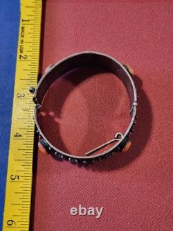 Vintage Silver, Enamel & Coral Hinged Bracelet WithO The Chain