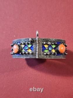Vintage Silver, Enamel & Coral Hinged Bracelet WithO The Chain