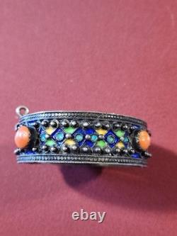 Vintage Silver, Enamel & Coral Hinged Bracelet WithO The Chain