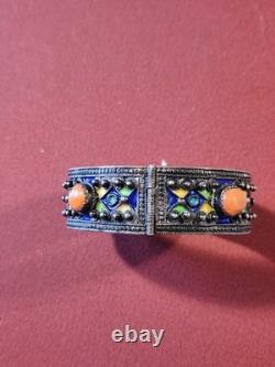 Vintage Silver, Enamel & Coral Hinged Bracelet WithO The Chain