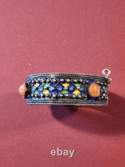 Vintage Silver, Enamel & Coral Hinged Bracelet WithO The Chain