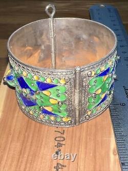 Vintage Silver Enamel Hinged With Pin Wide Bangle Bracelet Berber Brights