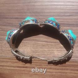 Vintage Silver Women's Jewelry Filigree Bracelet Natural Turquoise Enamel 50 gr