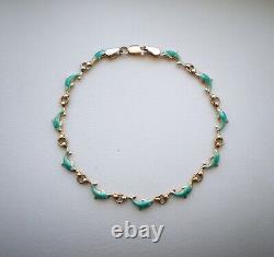 Vintage Solid 14K Yellow Gold Turquoise Blue Enamel Dolphin Tennis BRACELET