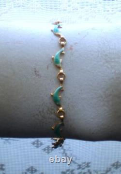 Vintage Solid 14K Yellow Gold Turquoise Blue Enamel Dolphin Tennis BRACELET