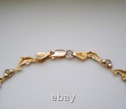Vintage Solid 14K Yellow Gold Turquoise Blue Enamel Dolphin Tennis BRACELET