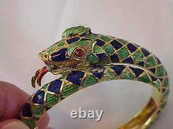 Vintage Solid 18k Gold Green & Blue Enamel Snake Bangle Bracelet Rare