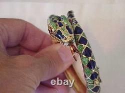 Vintage Solid 18k Gold Green & Blue Enamel Snake Bangle Bracelet Rare