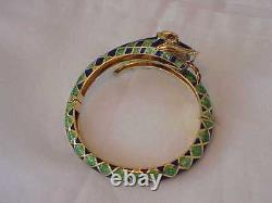 Vintage Solid 18k Gold Green & Blue Enamel Snake Bangle Bracelet Rare