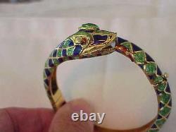 Vintage Solid 18k Gold Green & Blue Enamel Snake Bangle Bracelet Rare