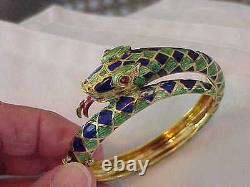 Vintage Solid 18k Gold Green & Blue Enamel Snake Bangle Bracelet Rare