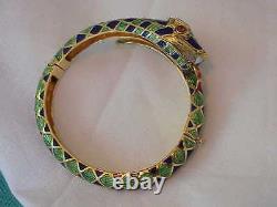 Vintage Solid 18k Gold Green & Blue Enamel Snake Bangle Bracelet Rare