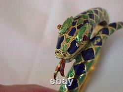 Vintage Solid 18k Gold Green & Blue Enamel Snake Bangle Bracelet Rare