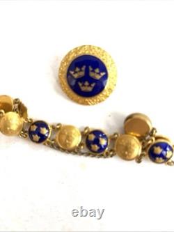 Vintage Sporrong Stockholm Swedish Heritage Crown Blue Enamel Bracelet & Brooch
