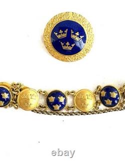 Vintage Sporrong Stockholm Swedish Heritage Crown Blue Enamel Bracelet & Brooch
