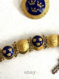 Vintage Sporrong Stockholm Swedish Heritage Crown Blue Enamel Bracelet & Brooch