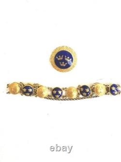 Vintage Sporrong Stockholm Swedish Heritage Crown Blue Enamel Bracelet & Brooch