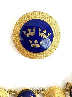 Vintage Sporrong Stockholm Swedish Heritage Crown Blue Enamel Bracelet & Brooch