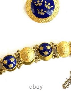 Vintage Sporrong Stockholm Swedish Heritage Crown Blue Enamel Bracelet & Brooch