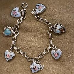 Vintage Sterling Blue Enamel Guilloche Puffy Heart Charm Dot Dash Bracelet