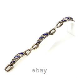 Vintage Sterling Signed 925 Italian Rare Twisted Blue Enamel Link Bracelet 7 1/2