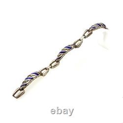 Vintage Sterling Signed 925 Italian Rare Twisted Blue Enamel Link Bracelet 7 1/2