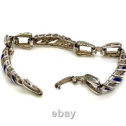 Vintage Sterling Signed 925 Italian Rare Twisted Blue Enamel Link Bracelet 7 1/2