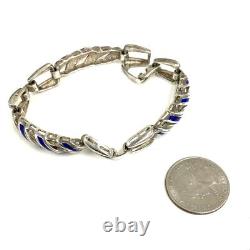 Vintage Sterling Signed 925 Italian Rare Twisted Blue Enamel Link Bracelet 7 1/2