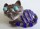 Vintage Sterling Silver 925 Designer Enamel Turquoise Mesh Cat Pin Brooch