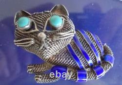 Vintage Sterling Silver 925 Designer Enamel Turquoise Mesh Cat Pin Brooch